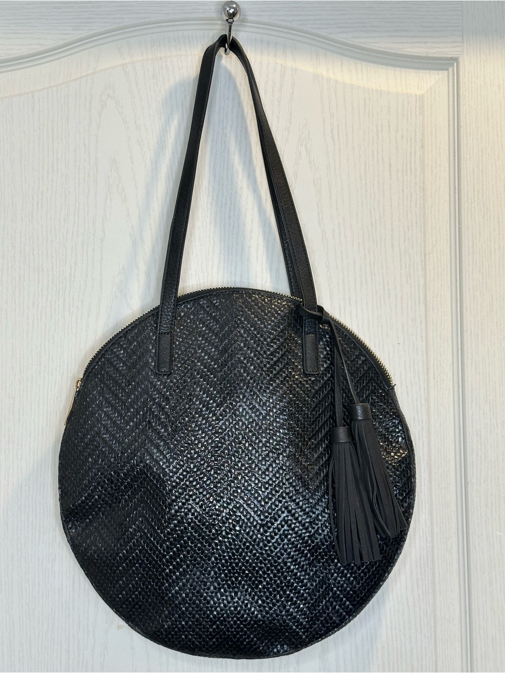 Black Round Woven Faux Leather Tote Bag with Tassel / summer bag large tote